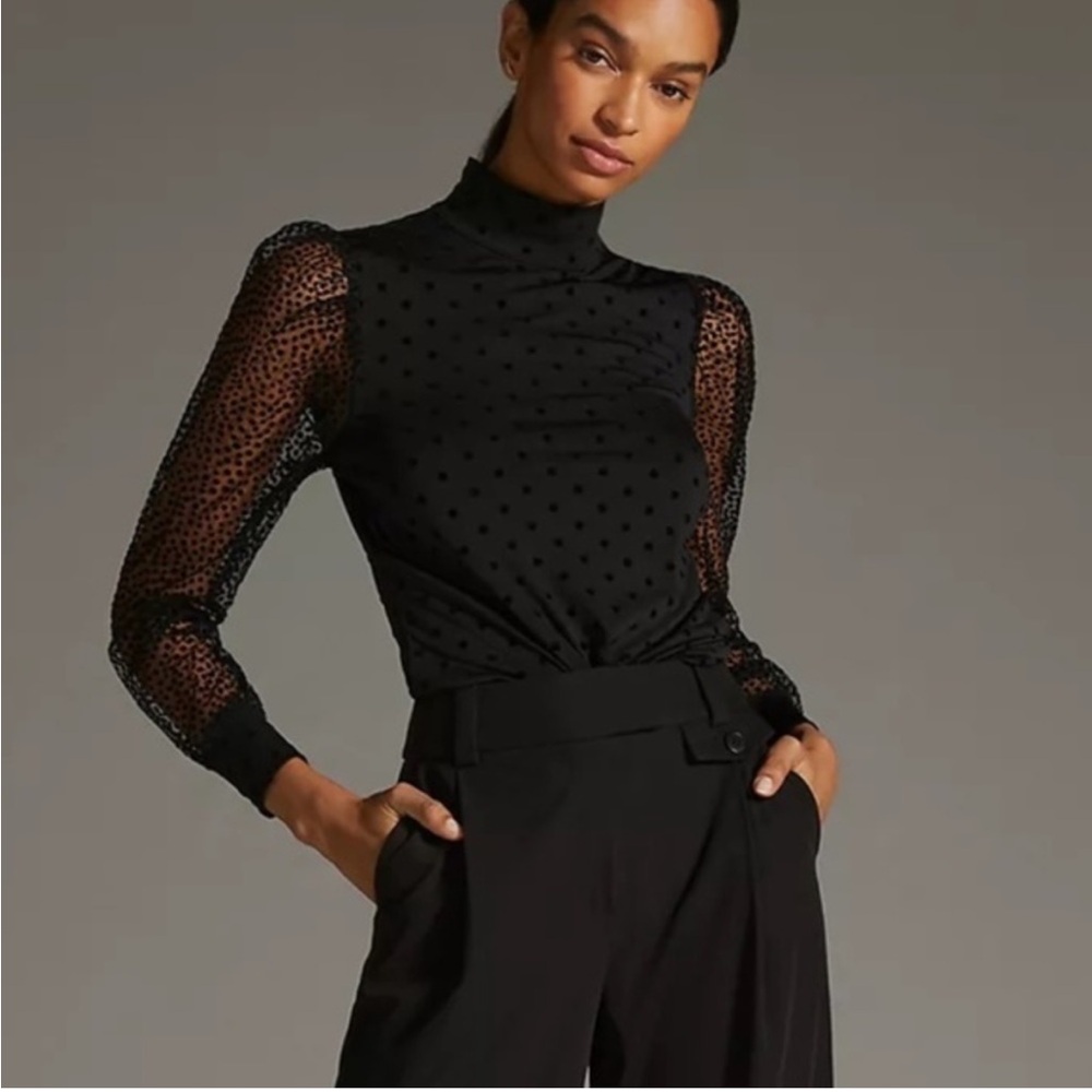 Anthropologie | Eva Franco Black Dotted Sheer Sleeve Blouse